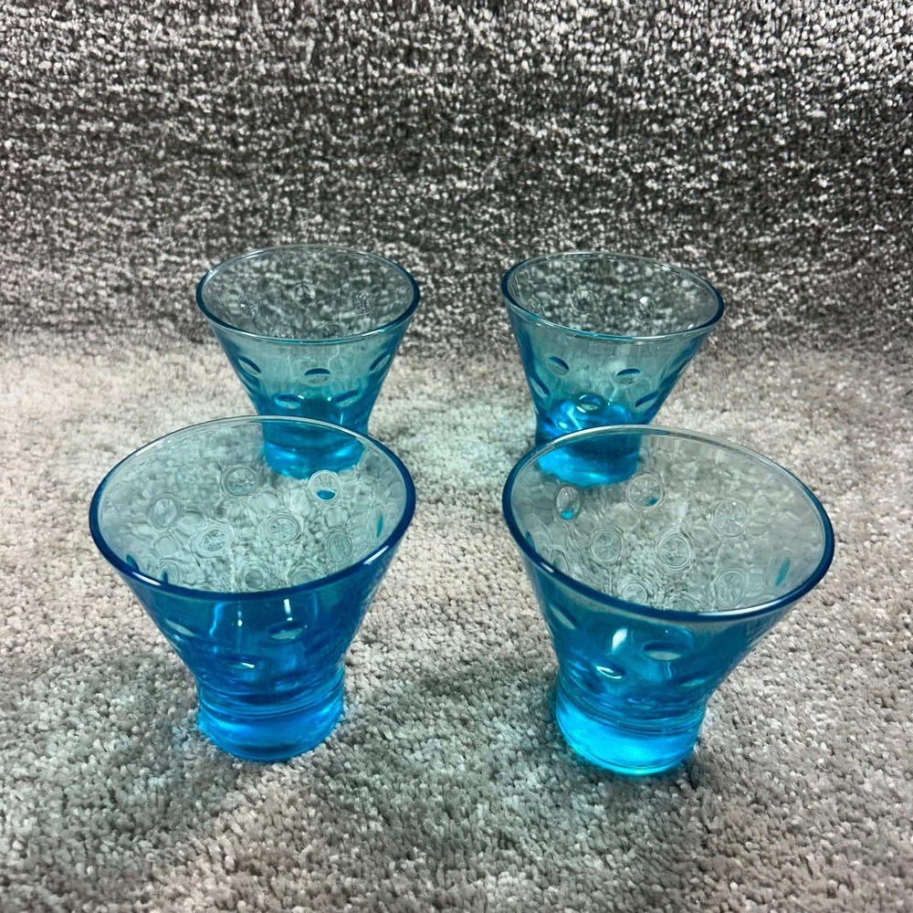 Shot Glasses Blue Thumbprint Coin Dot Textured Glass Set of 4